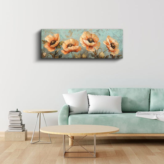Turuncu Gelincikler - Pastel Mavi Arka Planlı Yağlı Boya Tarzı Çiçek Serisi Kanvas Tablo