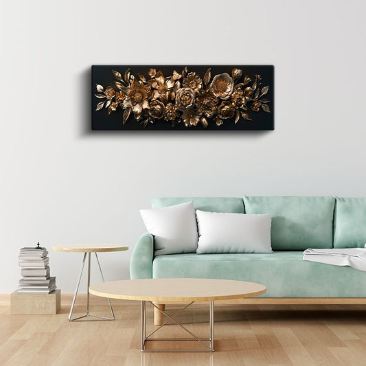 Altın Çiçekler - Siyah Zeminde Lüks Metalik Çiçek Kompozisyonu Kanvas Tablo