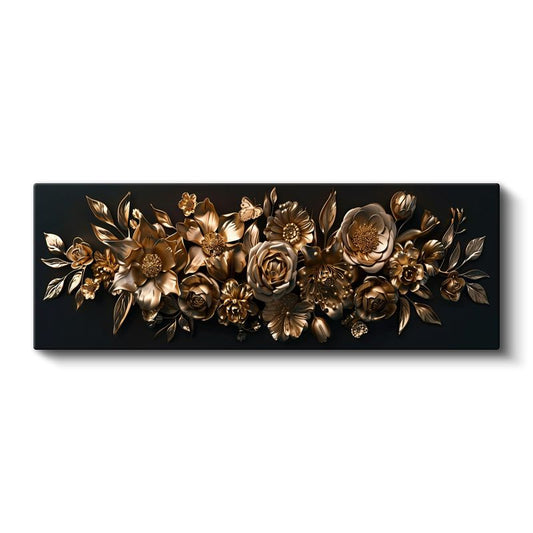 Altın Çiçekler - Siyah Zeminde Lüks Metalik Çiçek Kompozisyonu Kanvas Tablo