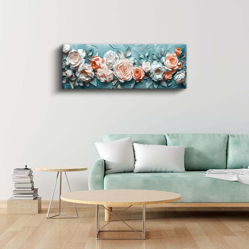 Zarif Güller - Turkuaz Zeminde 3D Kabartma Görünümlü Beyaz ve Somon Çiçekler Kanvas Tablo