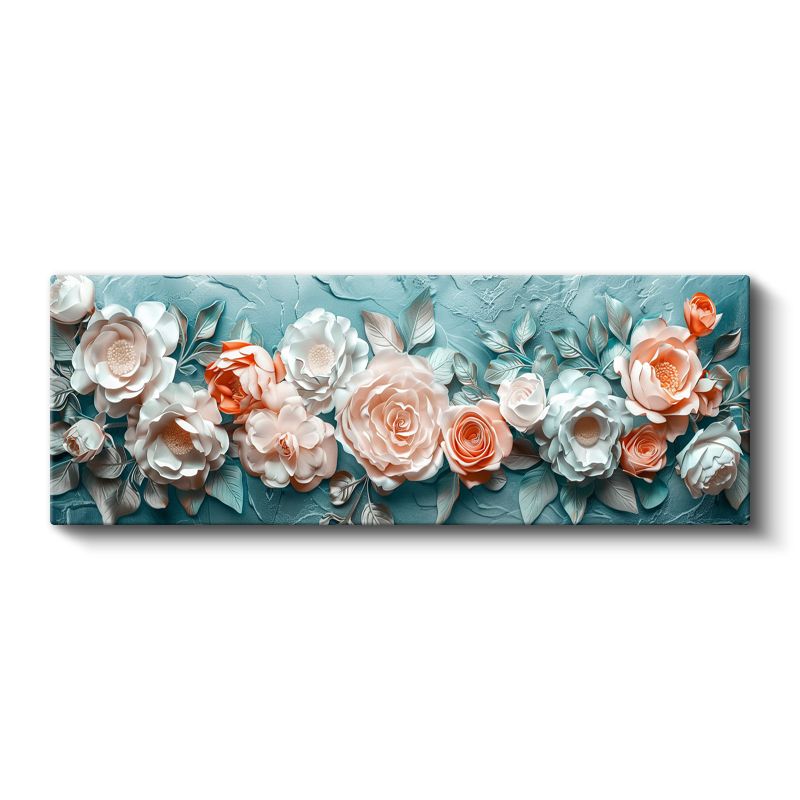 Zarif Güller - Turkuaz Zeminde 3D Kabartma Görünümlü Beyaz ve Somon Çiçekler Kanvas Tablo