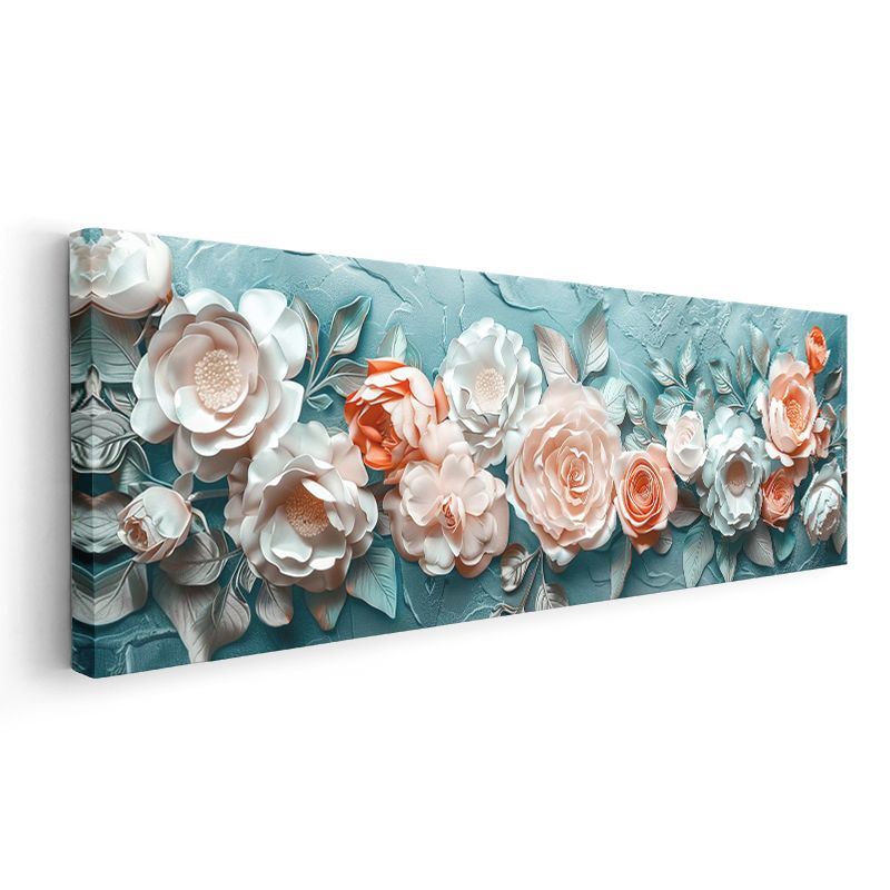 Zarif Güller - Turkuaz Zeminde 3D Kabartma Görünümlü Beyaz ve Somon Çiçekler Kanvas Tablo