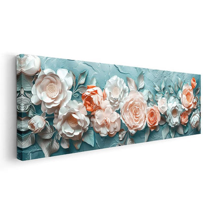 Zarif Güller - Turkuaz Zeminde 3D Kabartma Görünümlü Beyaz ve Somon Çiçekler Kanvas Tablo