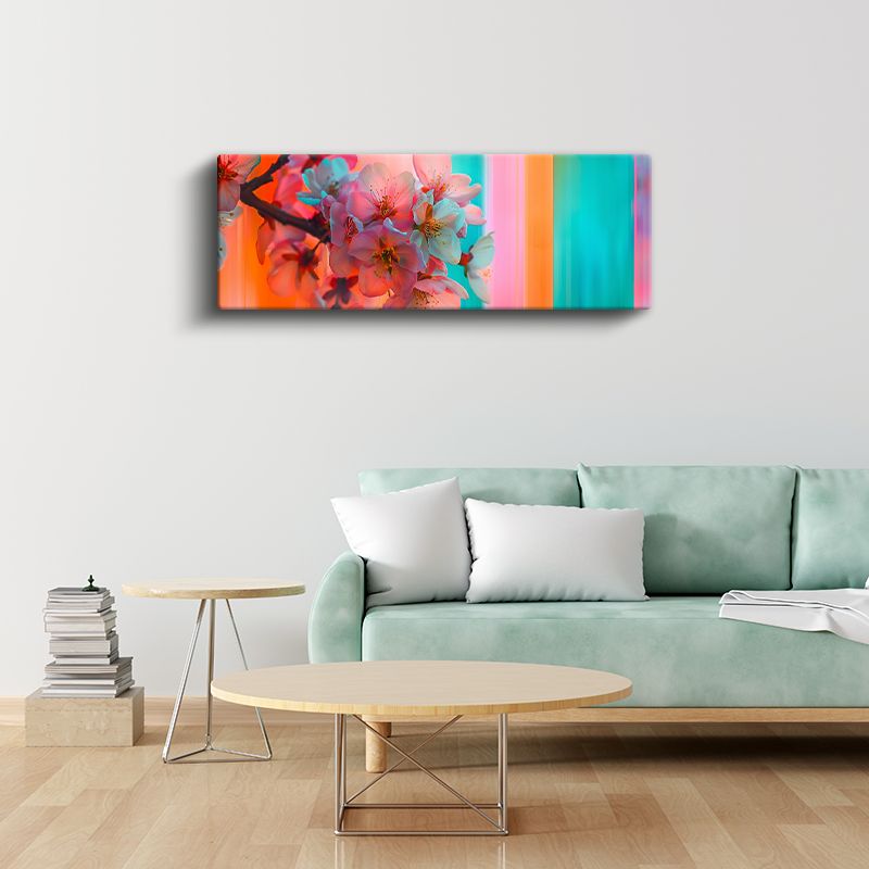Kiraz Çiçekleri - Renkli Çizgili Modern Tasarım Bahar Dalları Kanvas Tablo