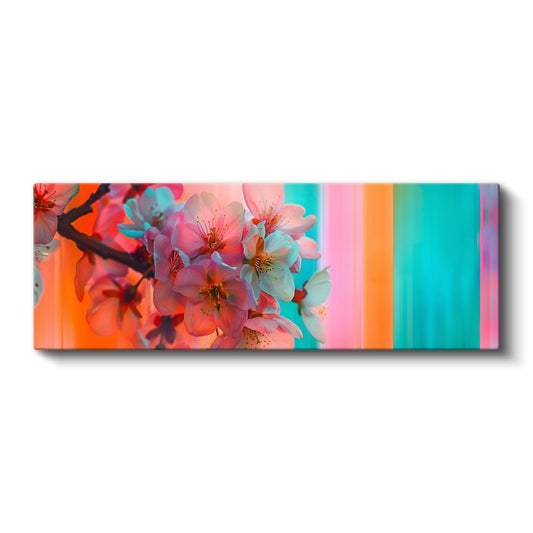 Kiraz Çiçekleri - Renkli Çizgili Modern Tasarım Bahar Dalları Kanvas Tablo