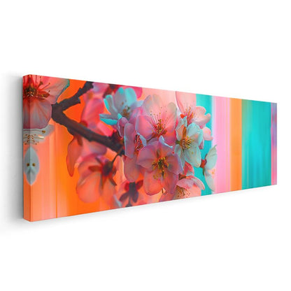 Kiraz Çiçekleri - Renkli Çizgili Modern Tasarım Bahar Dalları Kanvas Tablo