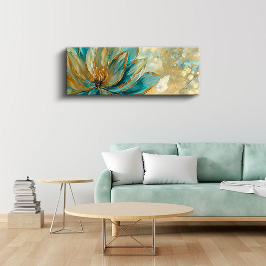 Turkuaz Nilüfer - Altın Detaylı Yağlı Boya Tarzı Çiçek Kompozisyonu Kanvas Tablo