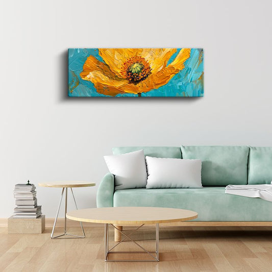 Turuncu Gelincik - Mavi Arka Planlı Kalın Boya Dokulu Çiçek Kanvas Tablo