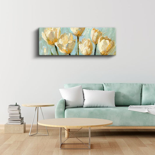 Krem Laleler - Pastel Mavi Arka Planlı Yağlı Boya Tarzı Çiçek Serisi Kanvas Tablo