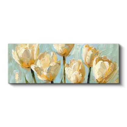 Krem Laleler - Pastel Mavi Arka Planlı Yağlı Boya Tarzı Çiçek Serisi Kanvas Tablo