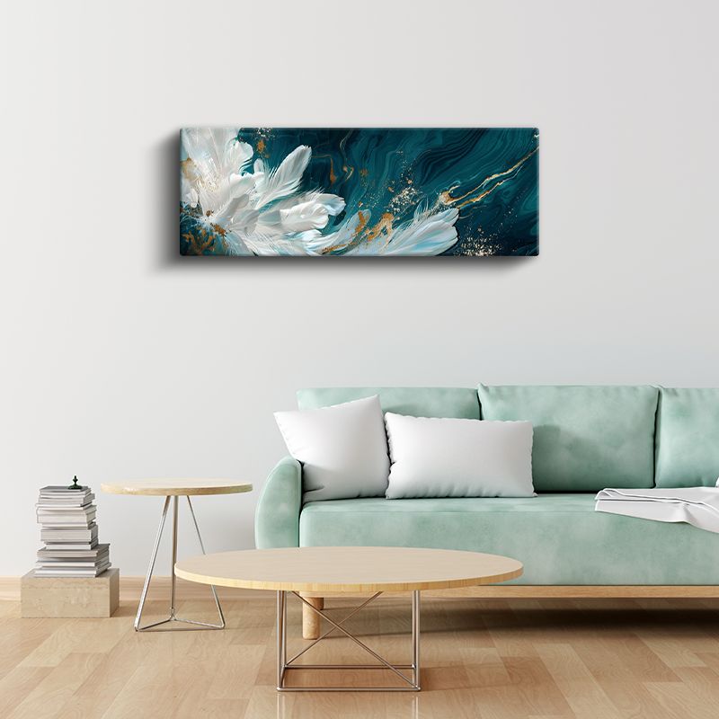 Beyaz Çiçekler - Turkuaz ve Altın Detaylı Sanatsal Kompozisyon Kanvas Tablo