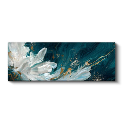 Beyaz Çiçekler - Turkuaz ve Altın Detaylı Sanatsal Kompozisyon Kanvas Tablo