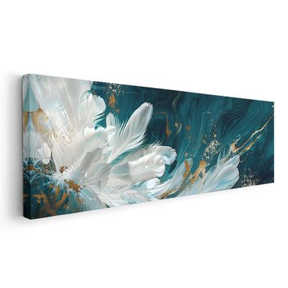 Beyaz Çiçekler - Turkuaz ve Altın Detaylı Sanatsal Kompozisyon Kanvas Tablo
