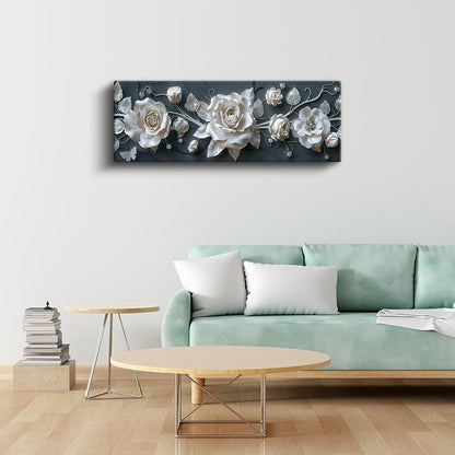 Zarif Güller - Koyu Gri Zeminde 3D Kabartma Görünümlü Beyaz Çiçekler Kanvas Tablo