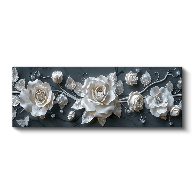 Zarif Güller - Koyu Gri Zeminde 3D Kabartma Görünümlü Beyaz Çiçekler Kanvas Tablo