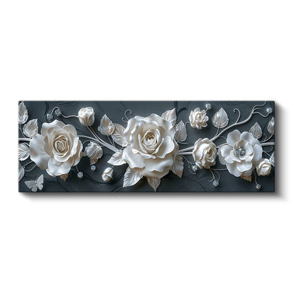Zarif Güller - Koyu Gri Zeminde 3D Kabartma Görünümlü Beyaz Çiçekler Kanvas Tablo