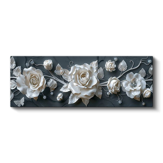 Zarif Güller - Koyu Gri Zeminde 3D Kabartma Görünümlü Beyaz Çiçekler Kanvas Tablo