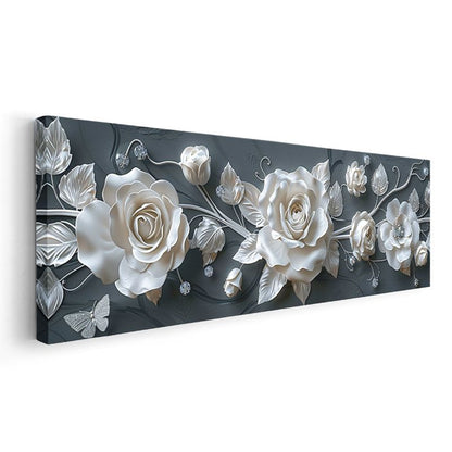 Zarif Güller - Koyu Gri Zeminde 3D Kabartma Görünümlü Beyaz Çiçekler Kanvas Tablo