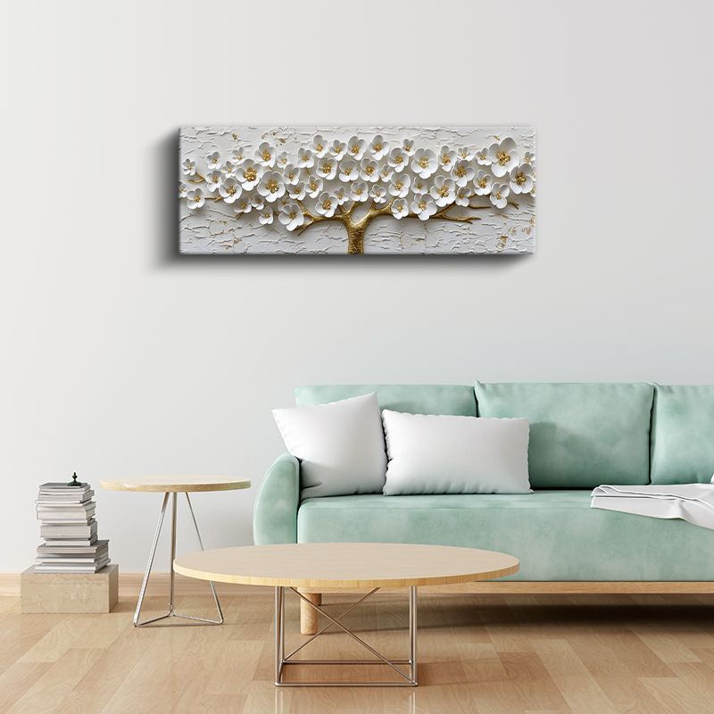 Beyaz Çiçekli Ağaç - Altın Gövdeli 3D Kabartma Görünümlü Zarif Tasarım Kanvas Tablo