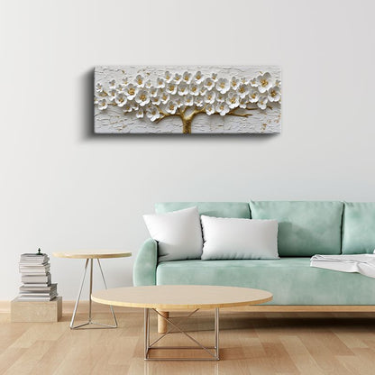 Beyaz Çiçekli Ağaç - Altın Gövdeli 3D Kabartma Görünümlü Zarif Tasarım Kanvas Tablo