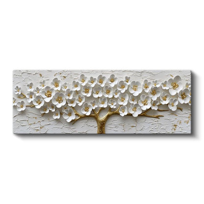 Beyaz Çiçekli Ağaç - Altın Gövdeli 3D Kabartma Görünümlü Zarif Tasarım Kanvas Tablo