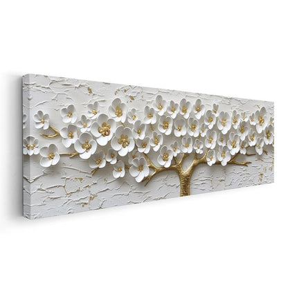Beyaz Çiçekli Ağaç - Altın Gövdeli 3D Kabartma Görünümlü Zarif Tasarım Kanvas Tablo