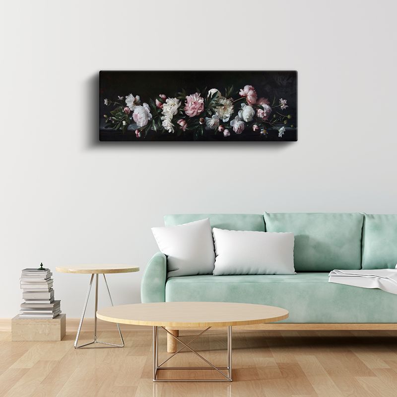 Klasik Şakayıklar - Siyah Zeminde Pembe ve Beyaz Çiçekler Natürmort Kanvas Tablo