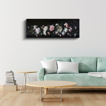 Klasik Şakayıklar - Siyah Zeminde Pembe ve Beyaz Çiçekler Natürmort Kanvas Tablo