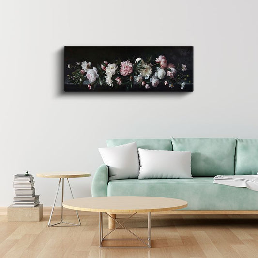 Klasik Şakayıklar - Siyah Zeminde Pembe ve Beyaz Çiçekler Natürmort Kanvas Tablo