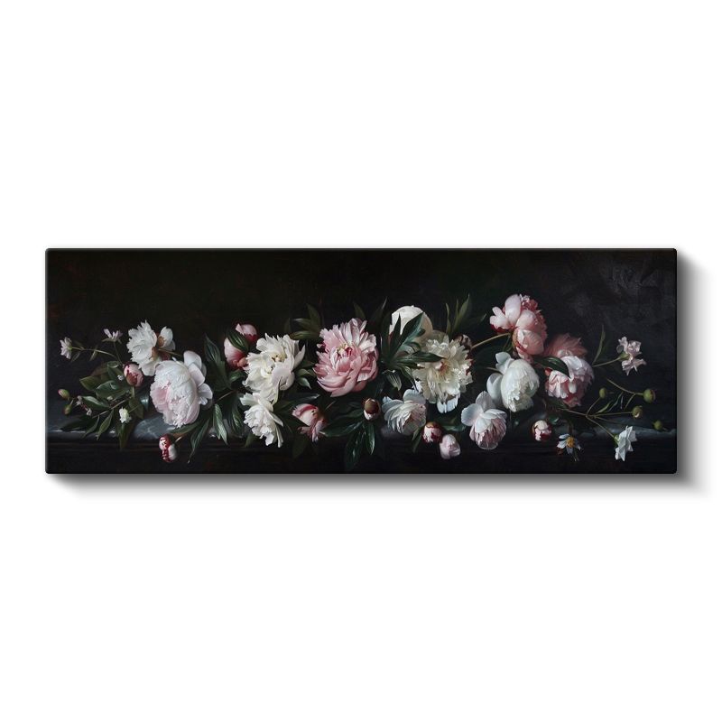 Klasik Şakayıklar - Siyah Zeminde Pembe ve Beyaz Çiçekler Natürmort Kanvas Tablo