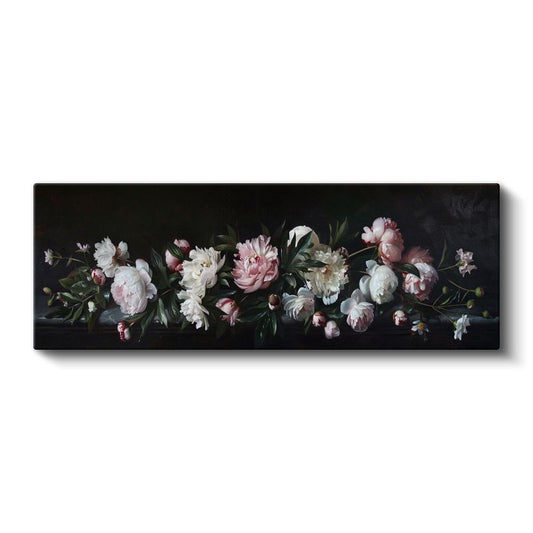 Klasik Şakayıklar - Siyah Zeminde Pembe ve Beyaz Çiçekler Natürmort Kanvas Tablo