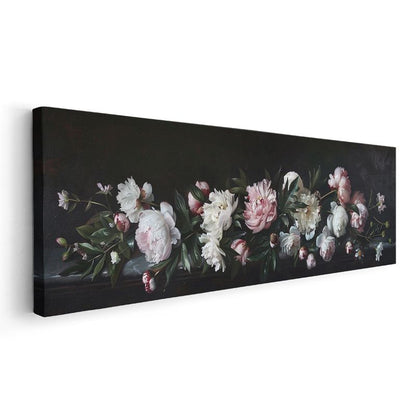 Klasik Şakayıklar - Siyah Zeminde Pembe ve Beyaz Çiçekler Natürmort Kanvas Tablo