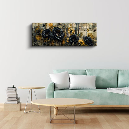Müzikal Çiçekler - Siyah ve Altın Tonlarında Nota Detaylı Kompozisyon Kanvas Tablo