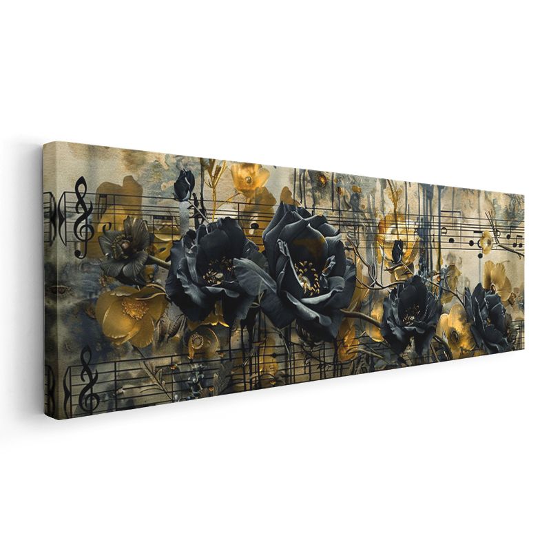 Müzikal Çiçekler - Siyah ve Altın Tonlarında Nota Detaylı Kompozisyon Kanvas Tablo