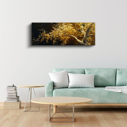 Altın Yapraklı Ağaç - Siyah Zeminde Sonbahar Temalı Sanatsal Kompozisyon Kanvas Tablo