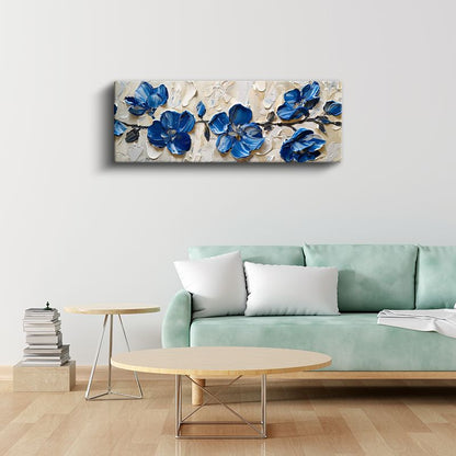 Mavi Çiçekler - Krem Zeminde Kalın Boya Dokulu 3D Kabartma Görünümlü Kanvas Tablo