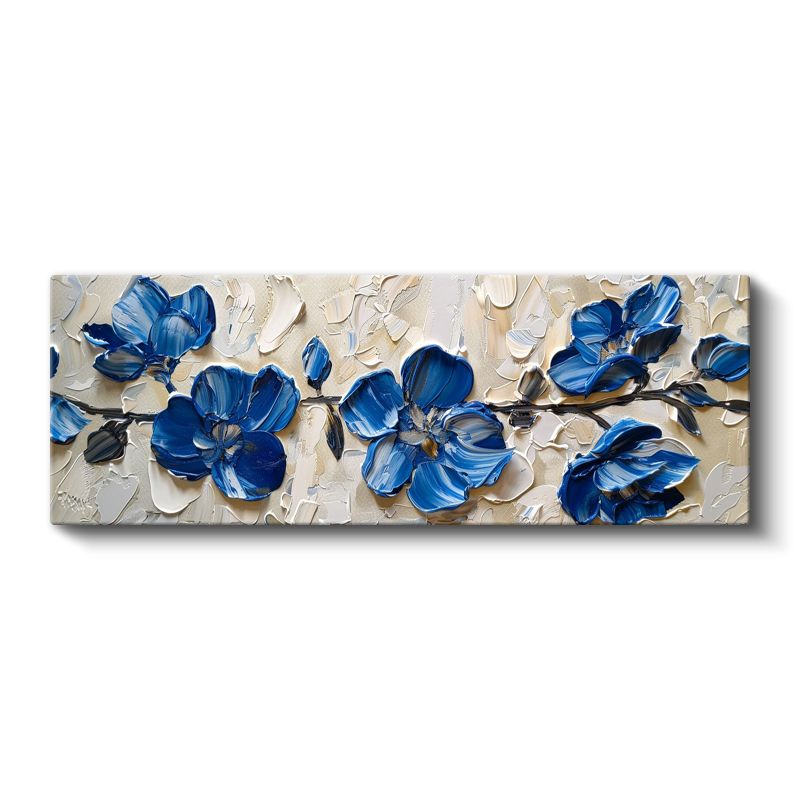 Mavi Çiçekler - Krem Zeminde Kalın Boya Dokulu 3D Kabartma Görünümlü Kanvas Tablo