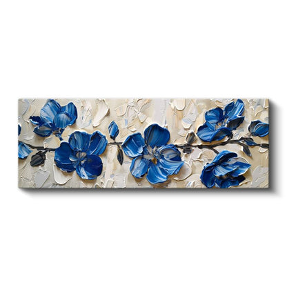 Mavi Çiçekler - Krem Zeminde Kalın Boya Dokulu 3D Kabartma Görünümlü Kanvas Tablo