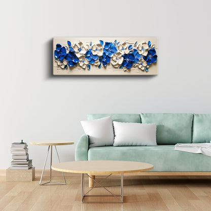 Mavi Beyaz Çiçekler - Krem Zeminde 3D Kabartma Görünümlü Zarif Kompozisyon Kanvas Tablo