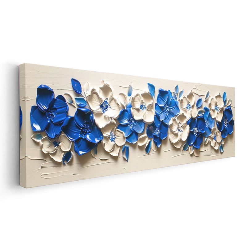 Mavi Beyaz Çiçekler - Krem Zeminde 3D Kabartma Görünümlü Zarif Kompozisyon Kanvas Tablo