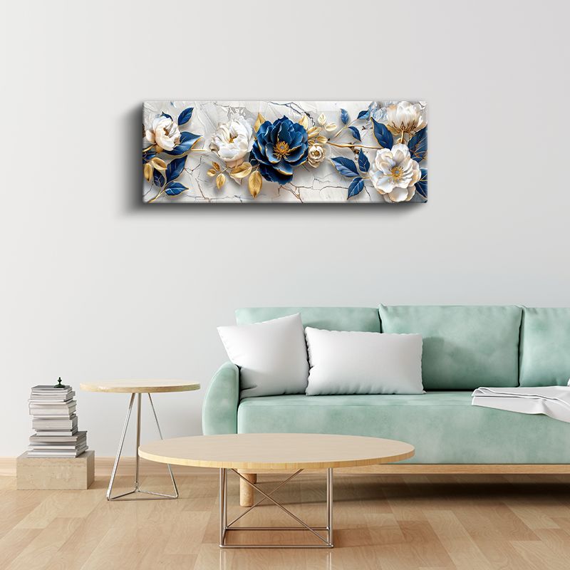 Mavi Beyaz Çiçekler - Mermer Zeminde Altın Yapraklı 3D Kabartma Görünümlü Kanvas Tablo