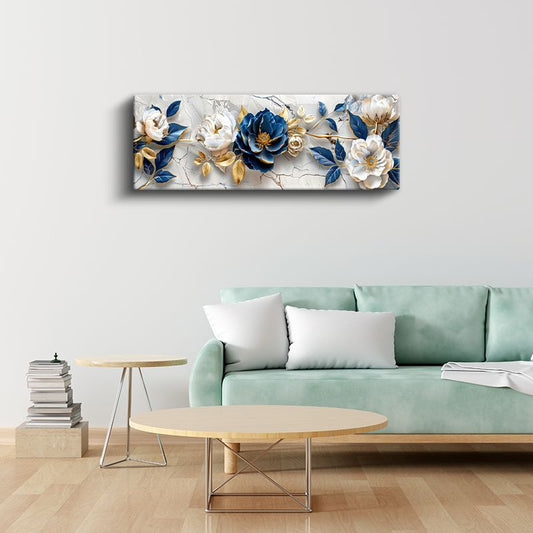 Mavi Beyaz Çiçekler - Mermer Zeminde Altın Yapraklı 3D Kabartma Görünümlü Kanvas Tablo