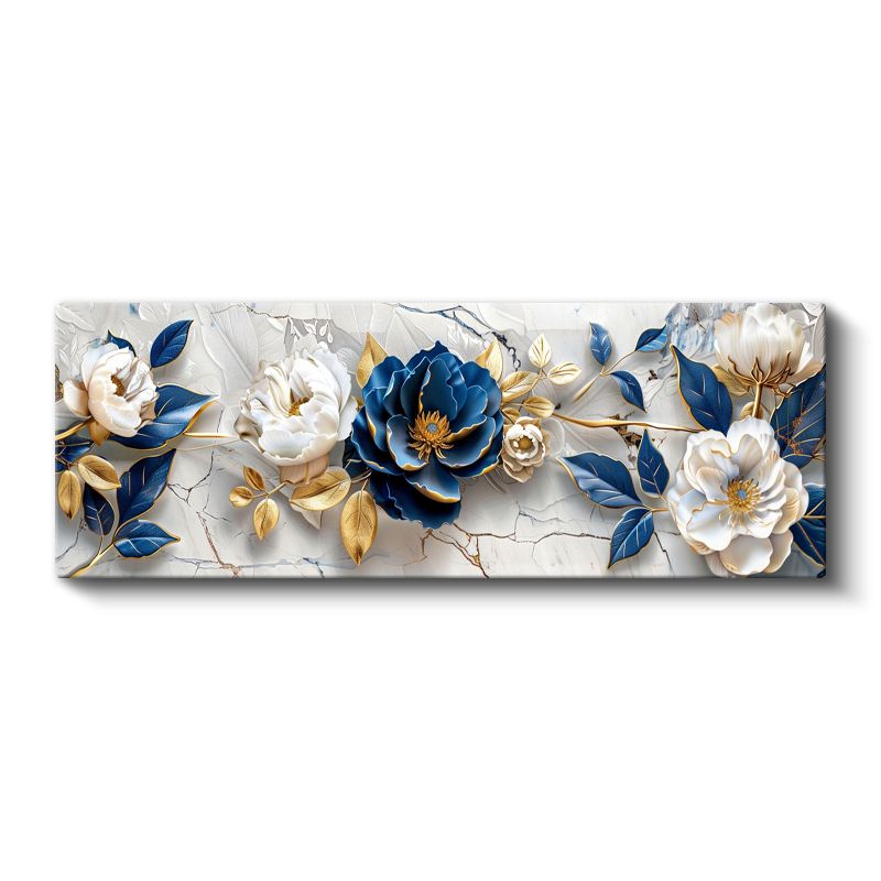 Mavi Beyaz Çiçekler - Mermer Zeminde Altın Yapraklı 3D Kabartma Görünümlü Kanvas Tablo