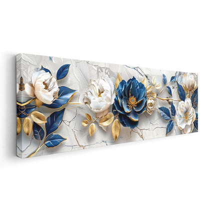 Mavi Beyaz Çiçekler - Mermer Zeminde Altın Yapraklı 3D Kabartma Görünümlü Kanvas Tablo