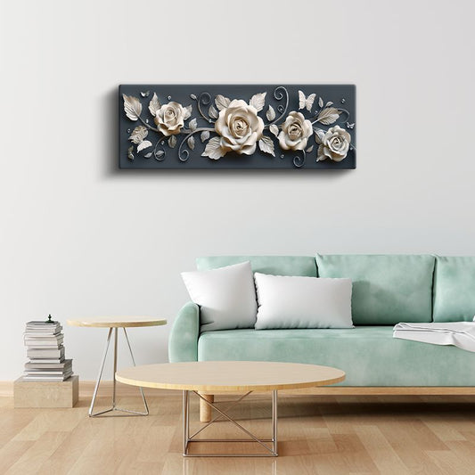 Zarif Güller - Koyu Gri Zeminde Kelebek Detaylı Kabartma Görünümlü Kanvas Tablo