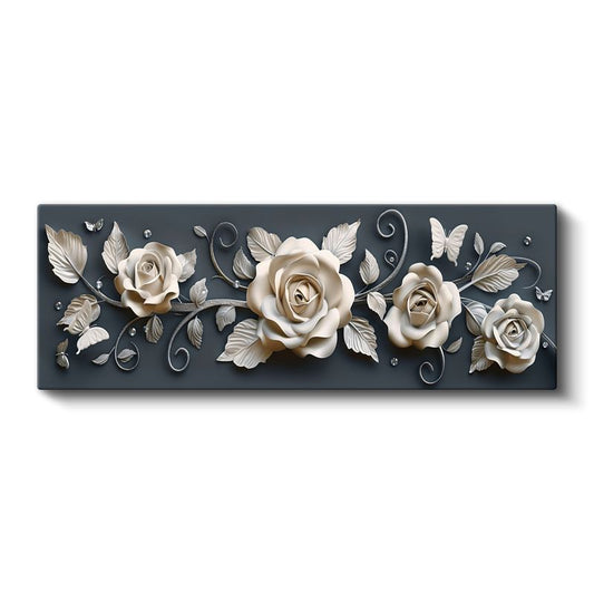 Zarif Güller - Koyu Gri Zeminde Kelebek Detaylı Kabartma Görünümlü Kanvas Tablo