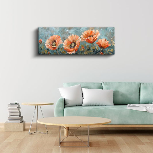 Turuncu Gelincikler - Mavi Zeminde Yağlı Boya Tarzı Çiçek Serisi Kanvas Tablo