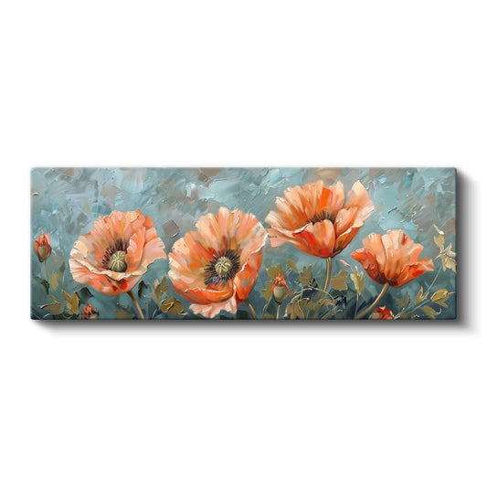 Turuncu Gelincikler - Mavi Zeminde Yağlı Boya Tarzı Çiçek Serisi Kanvas Tablo