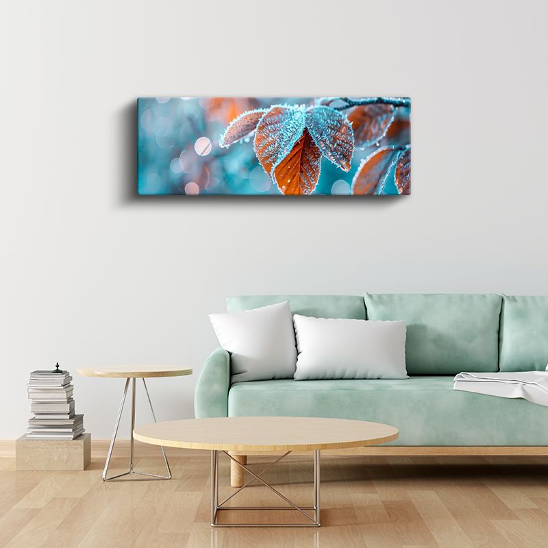 Kırağılı Yapraklar - Mavi Arka Planlı Turuncu Sonbahar Yaprakları Kanvas Tablo