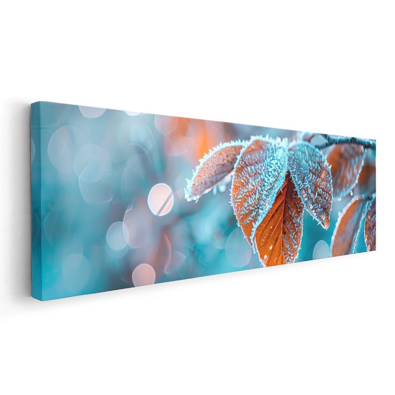 Kırağılı Yapraklar - Mavi Arka Planlı Turuncu Sonbahar Yaprakları Kanvas Tablo